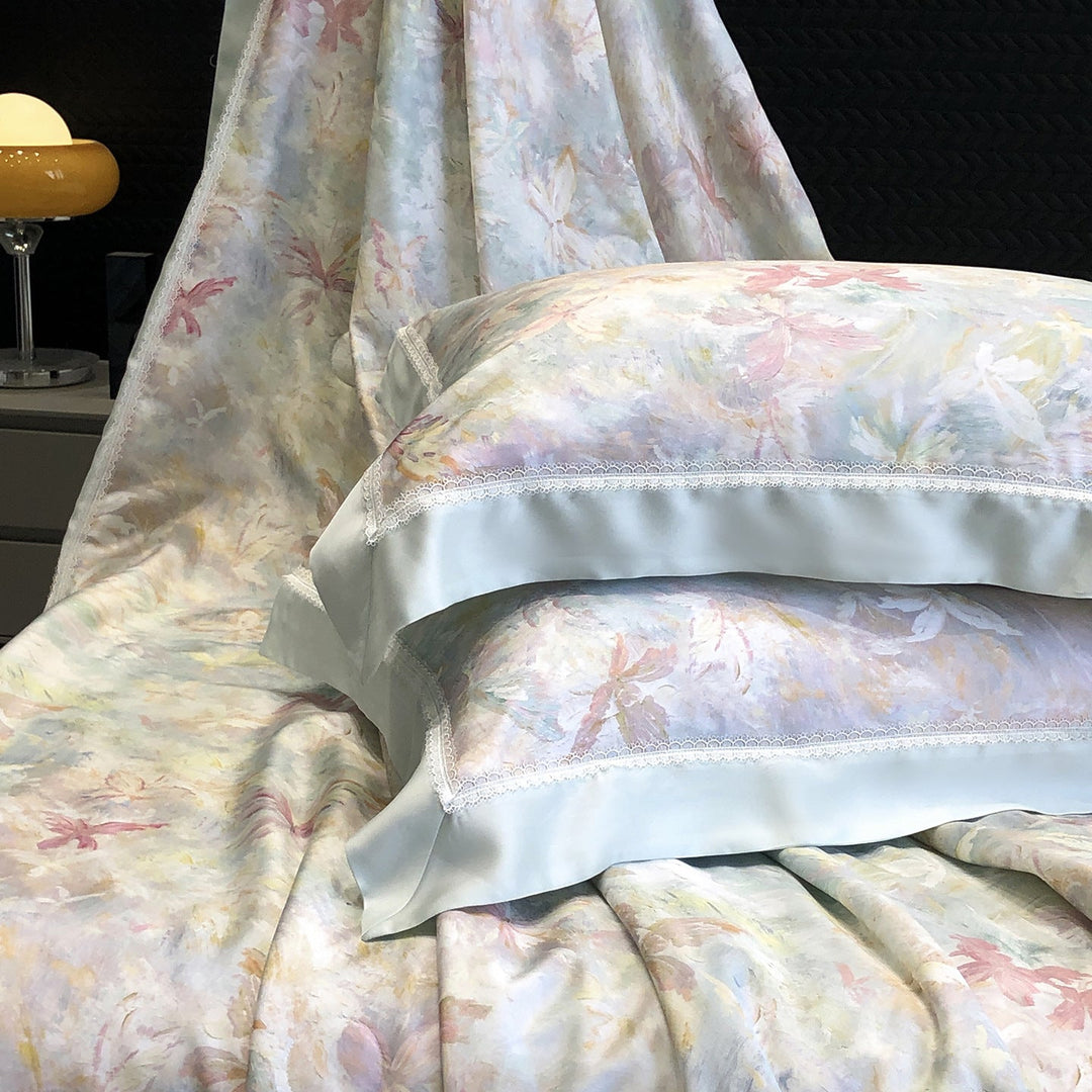 Cotton Sateen Pillowcase Set with Delicate Lace Trim and Satin Piping