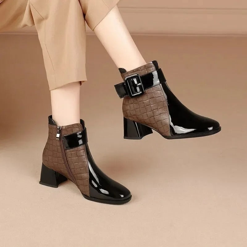 Croc-Effect Block Heel Ankle Boots with Chic Buckle