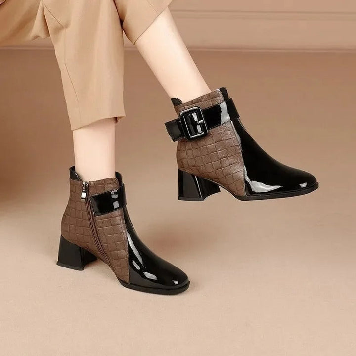 Croc-Effect Block Heel Ankle Boots with Chic Buckle