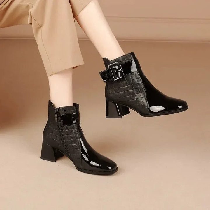 Croc-Effect Block Heel Ankle Boots with Chic Buckle