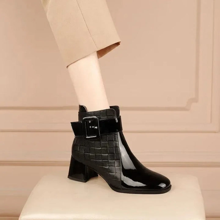 Croc-Effect Block Heel Ankle Boots with Chic Buckle