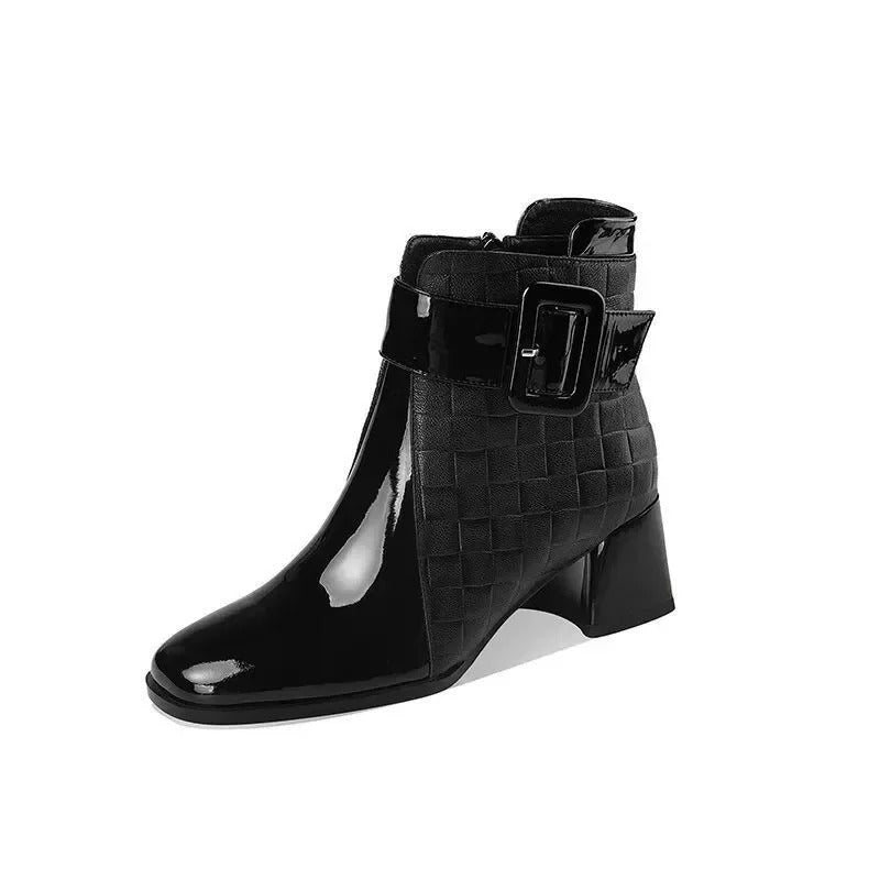 Croc-Effect Block Heel Ankle Boots with Chic Buckle