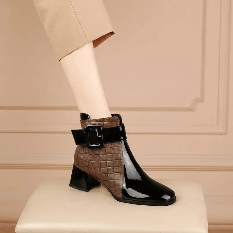 Croc-Effect Block Heel Ankle Boots with Chic Buckle
