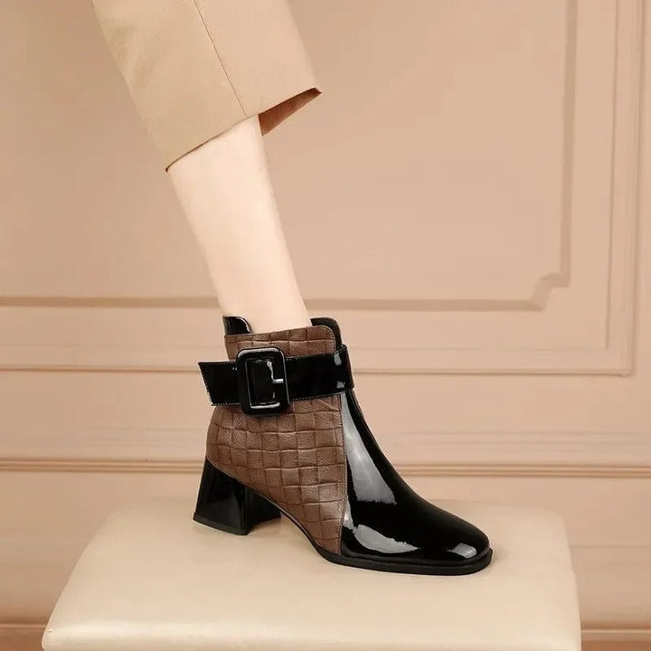 Croc-Effect Block Heel Ankle Boots with Chic Buckle