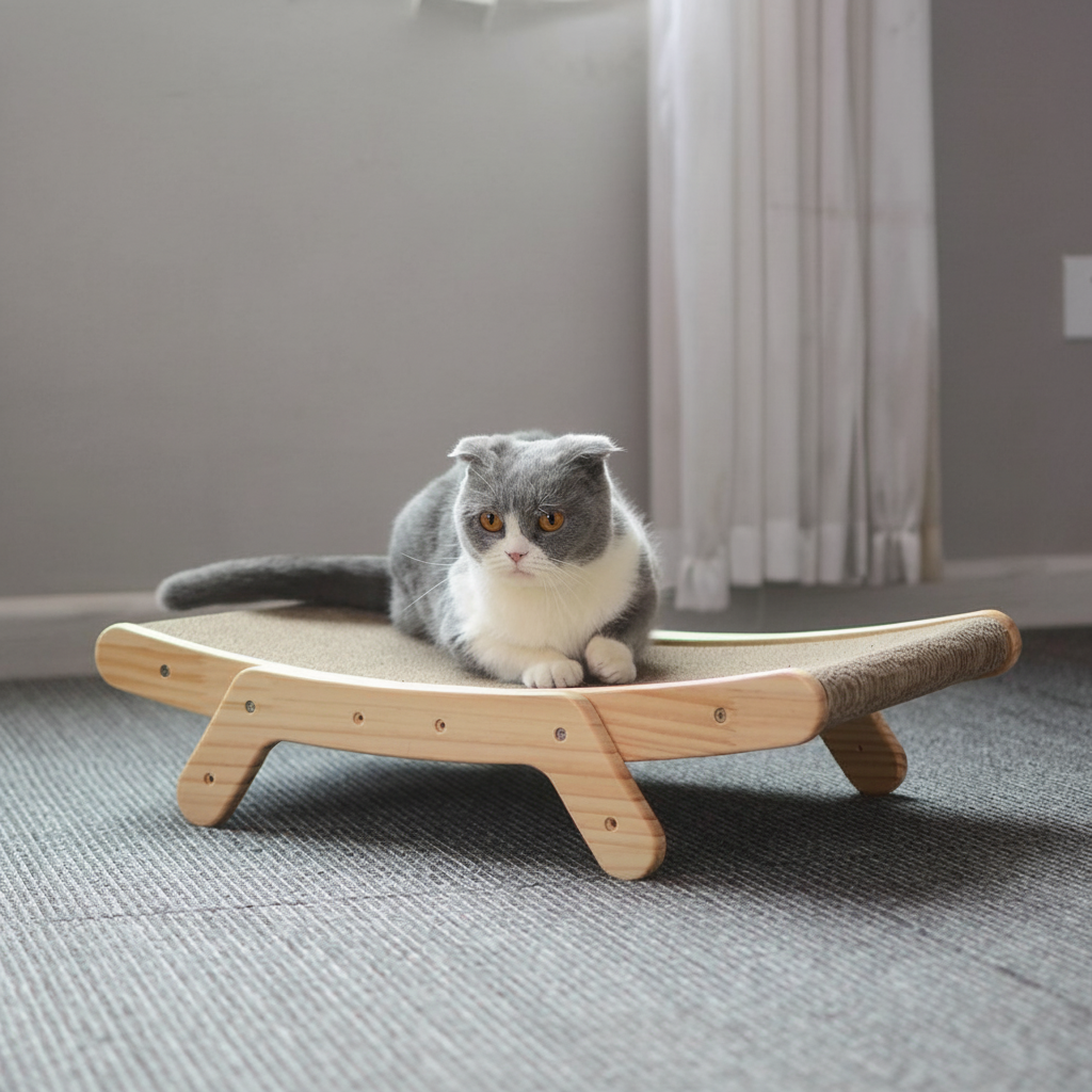 Curved Wood Cat Scratcher Lounge Bed - Elevated Resting Platform