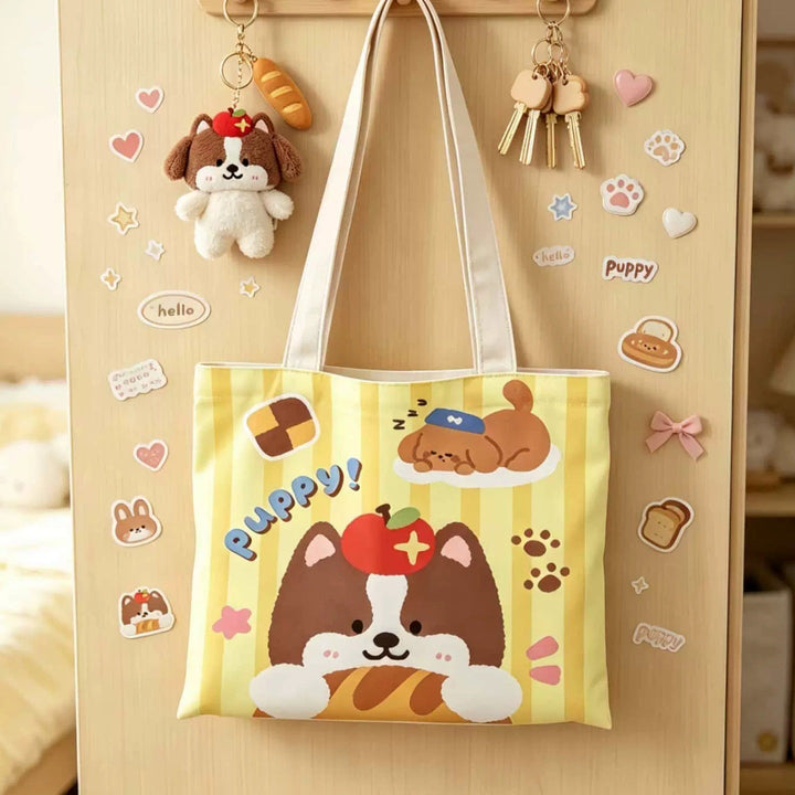 Cute Cartoon Puppy-Themed Canvas Tote Bag