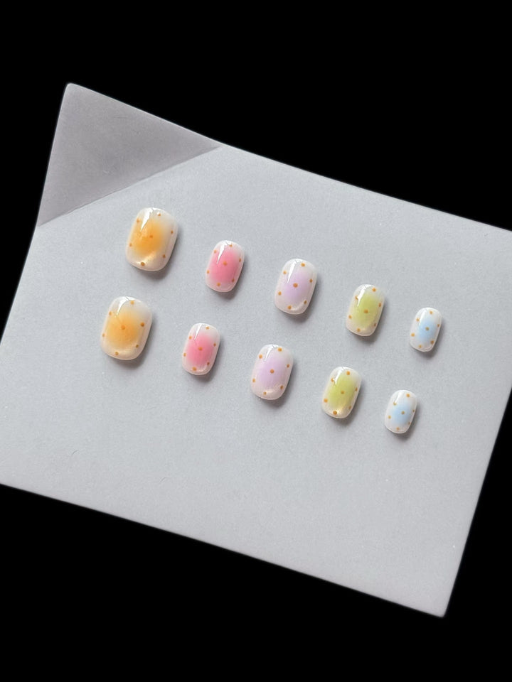 Decorative Press-On Nail Set with Colorful Gradient and Dot Patterns