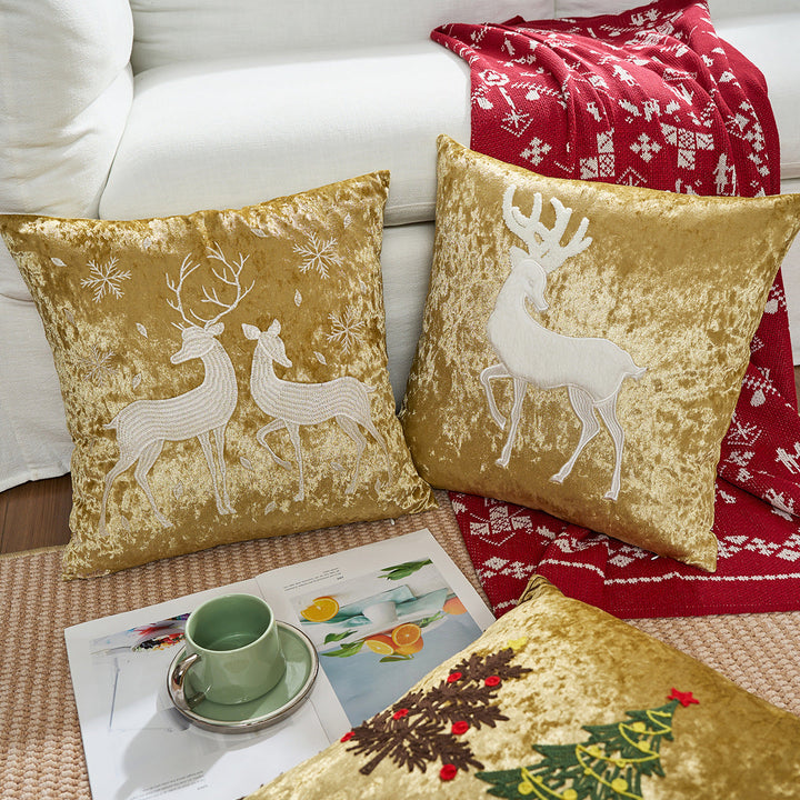 Decorative Velvet Throw Pillow with Appliqué Reindeer Motif
