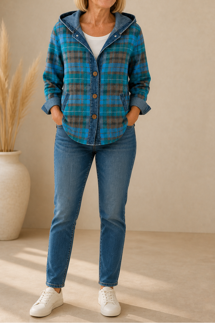 Denim-Trim Hooded Knit Cardigan
