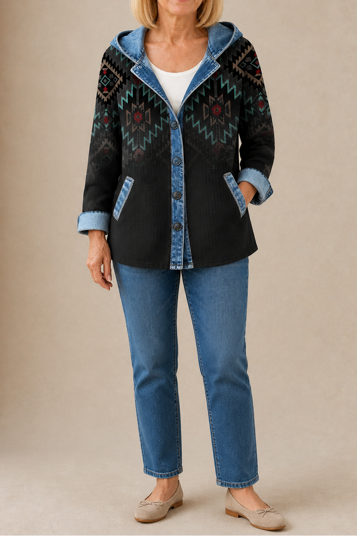 Denim-Trim Hooded Knit Cardigan