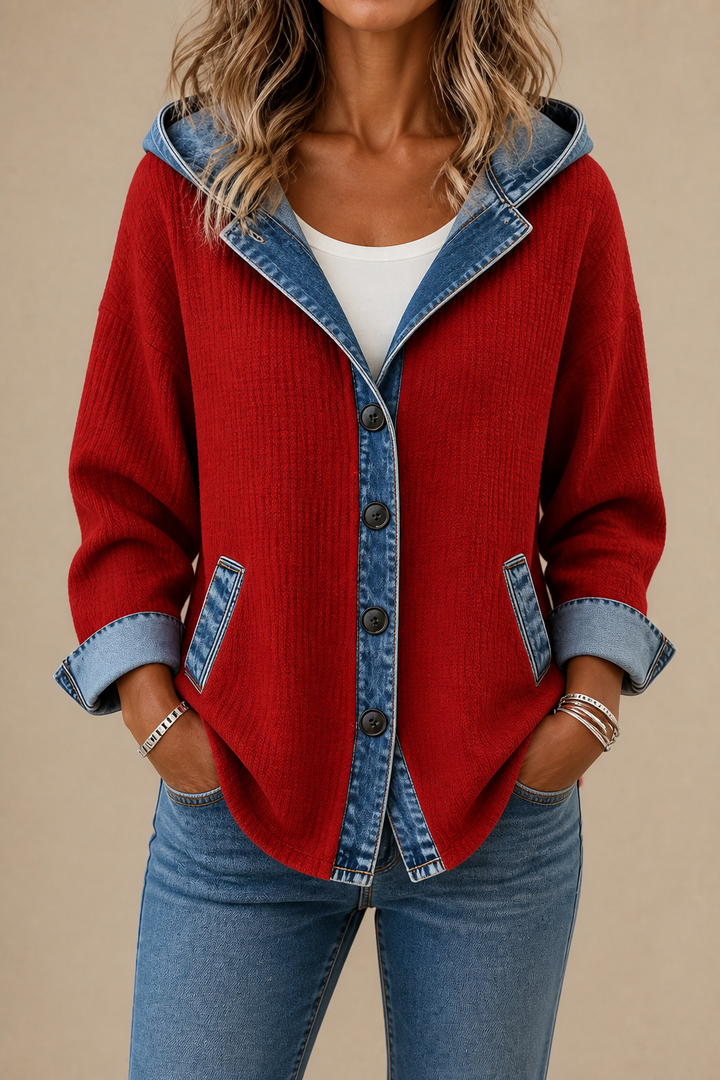 Denim-Trim Hooded Knit Cardigan