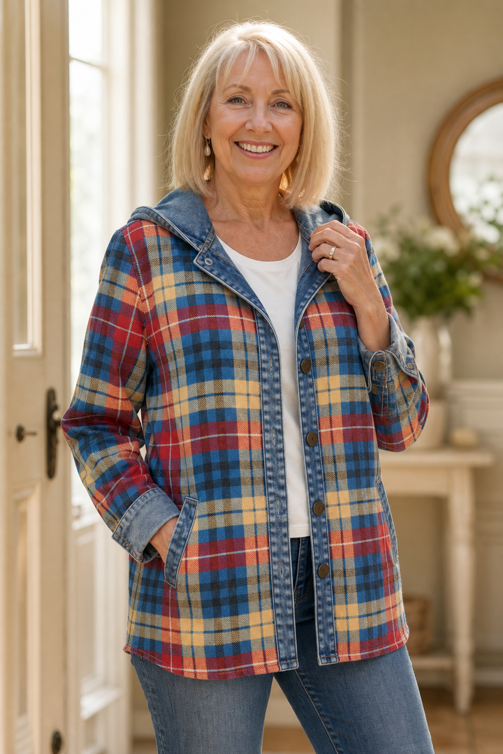 Denim-Trim Hooded Knit Cardigan