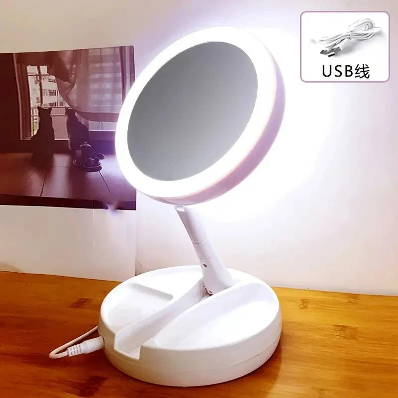 Double-Sided LED Travel Mirror with 10x Magnification – Foldable, Portable Vanity Mirror with Accessory Compartment