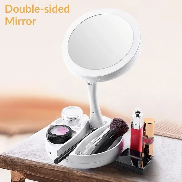 Double-Sided LED Travel Mirror with 10x Magnification – Foldable, Portable Vanity Mirror with Accessory Compartment