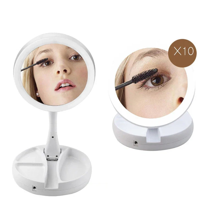 Double-Sided LED Travel Mirror with 10x Magnification – Foldable, Portable Vanity Mirror with Accessory Compartment