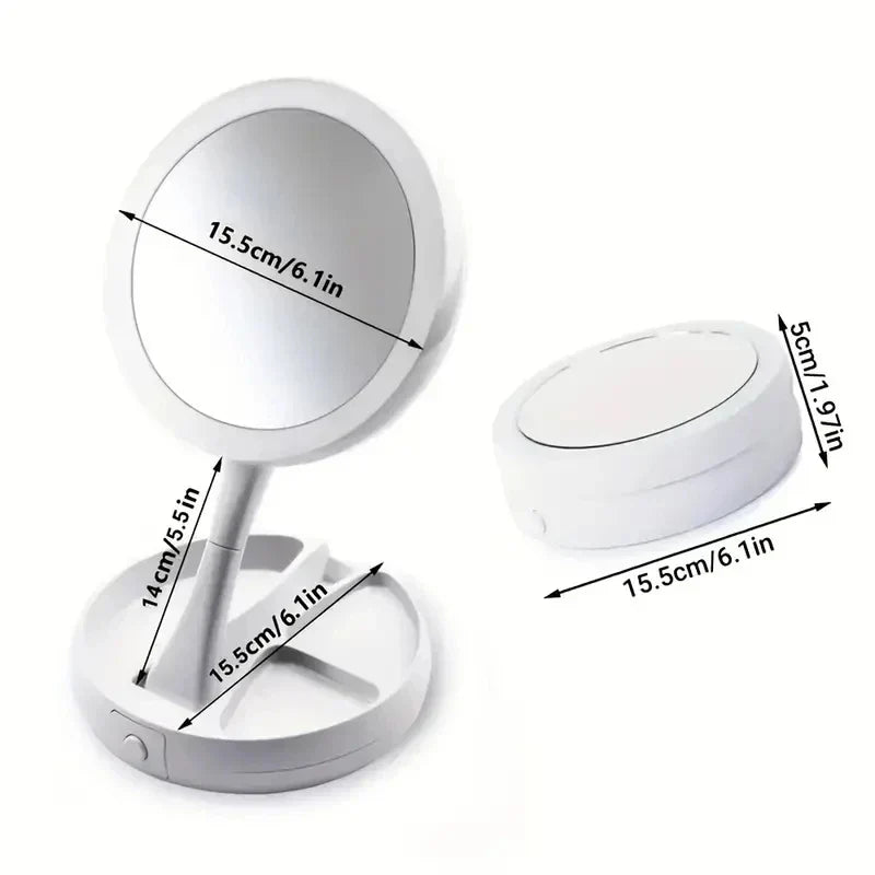 Double-Sided LED Travel Mirror with 10x Magnification – Foldable, Portable Vanity Mirror with Accessory Compartment
