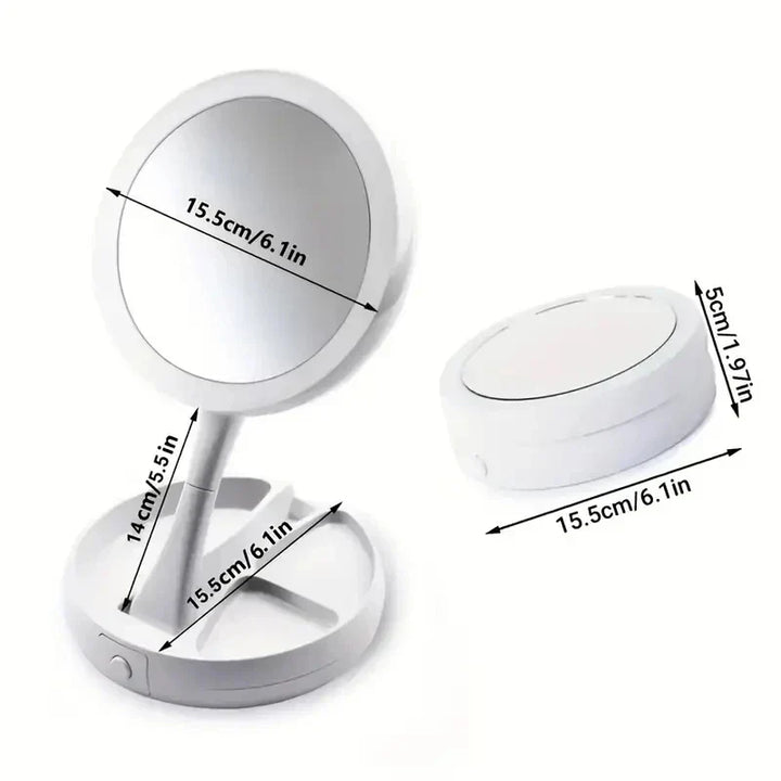 Double-Sided LED Travel Mirror with 10x Magnification – Foldable, Portable Vanity Mirror with Accessory Compartment