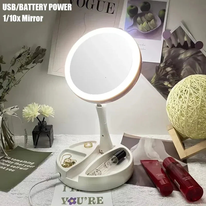 Double-Sided LED Travel Mirror with 10x Magnification – Foldable, Portable Vanity Mirror with Accessory Compartment