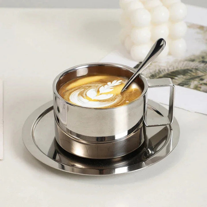 Double-Walled Stainless Steel Coffee Cup Set with Saucer and Spoon