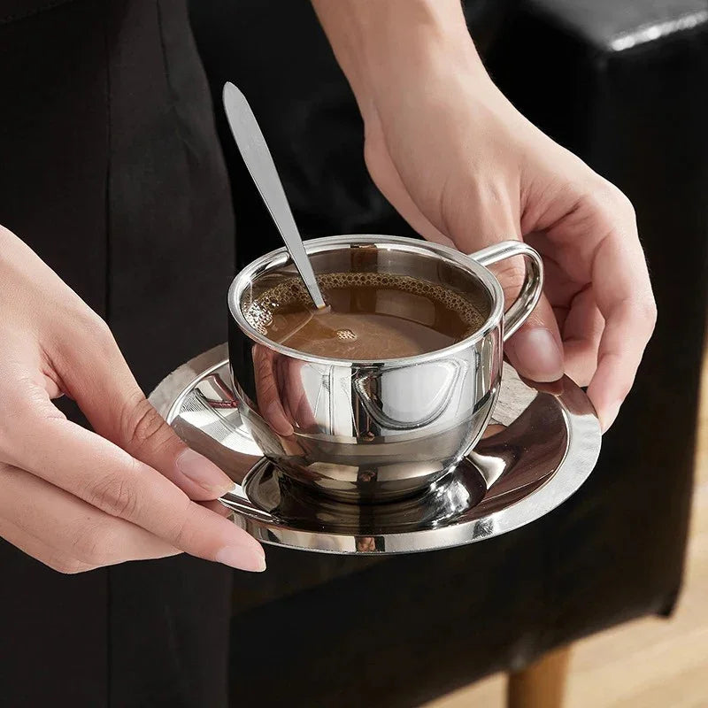 Double-Walled Stainless Steel Coffee Cup Set with Saucer and Spoon