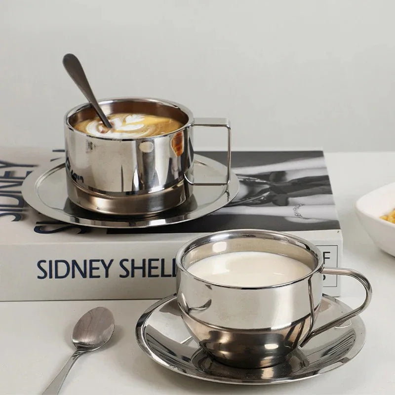 Double-Walled Stainless Steel Coffee Cup Set with Saucer and Spoon