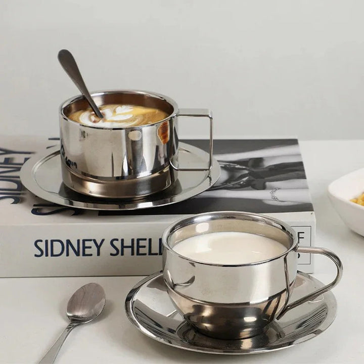 Double-Walled Stainless Steel Coffee Cup Set with Saucer and Spoon