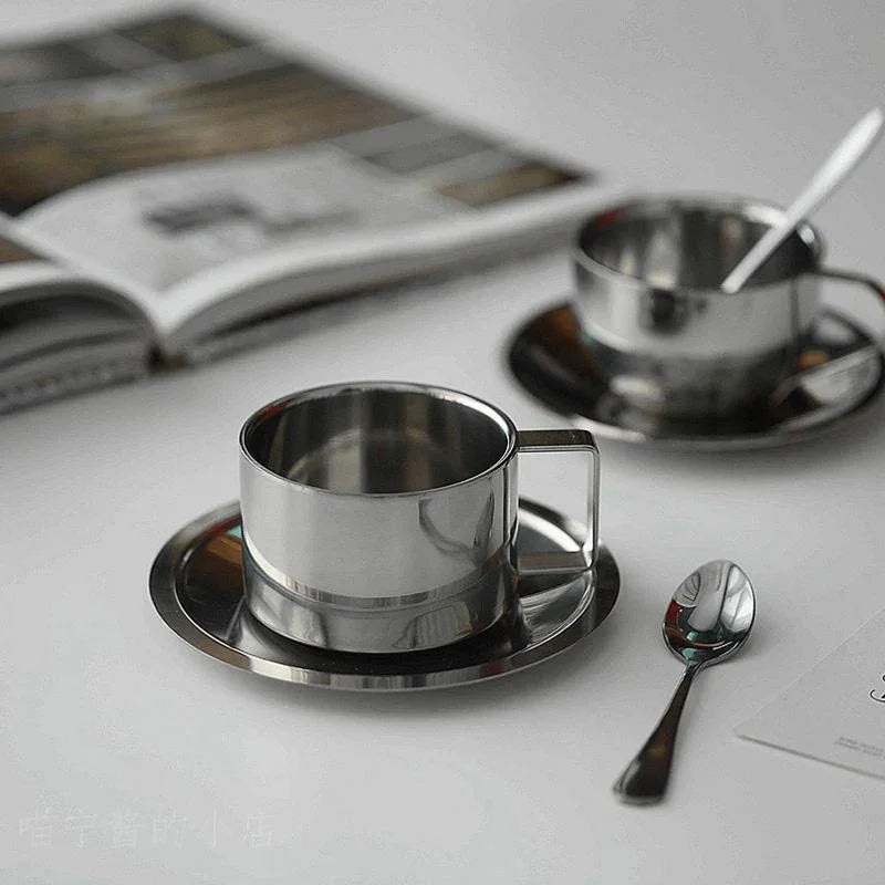Double-Walled Stainless Steel Coffee Cup Set with Saucer and Spoon