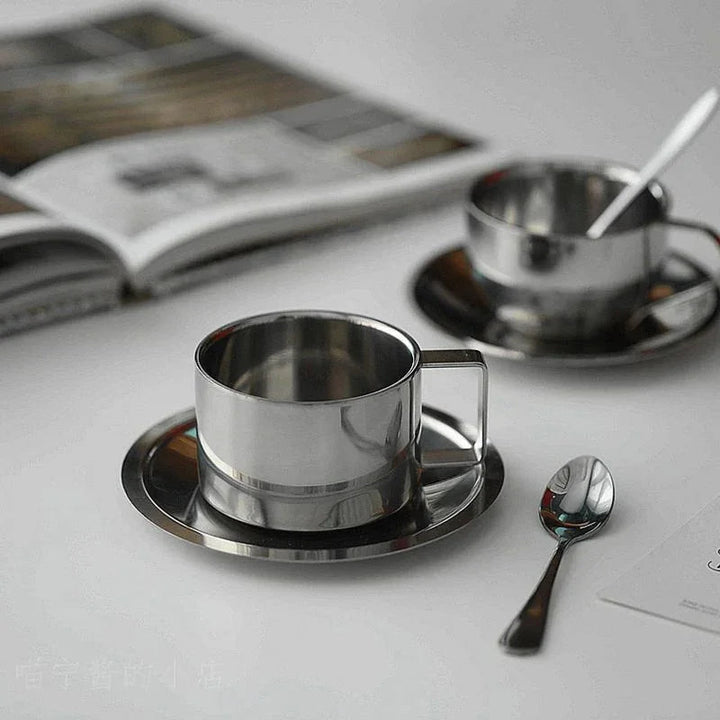 Double-Walled Stainless Steel Coffee Cup Set with Saucer and Spoon