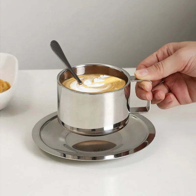 Double-Walled Stainless Steel Coffee Cup Set with Saucer and Spoon