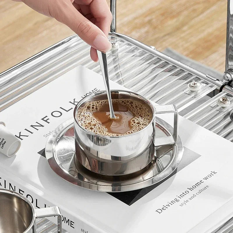 Double-Walled Stainless Steel Coffee Cup Set with Saucer and Spoon