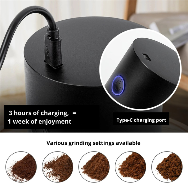 Electric Coffee Grinder with Adjustable Grind Settings - USB Rechargeable &amp; Cordless - For Coffee, Spices, Pepper and Seeds
