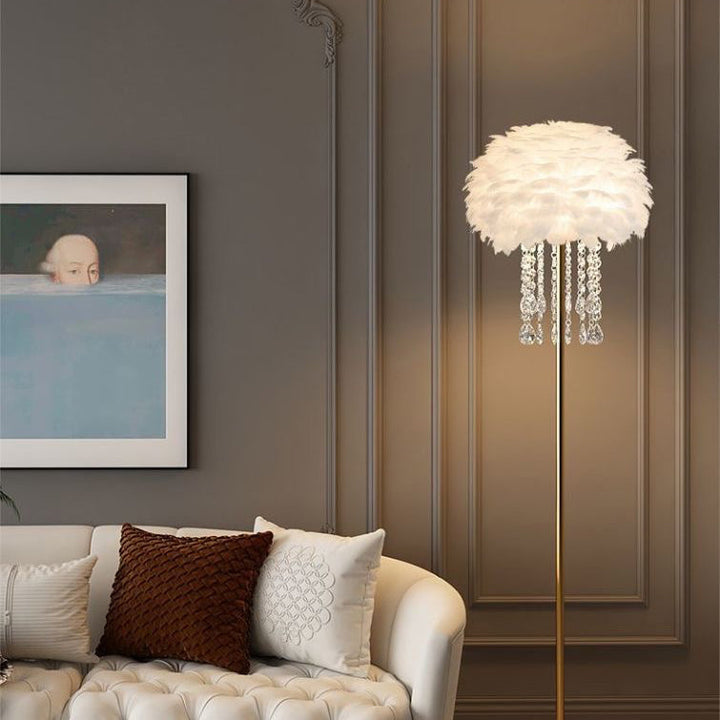 Elegant Nordic Floor Lamp with Feather and Crystal Shade