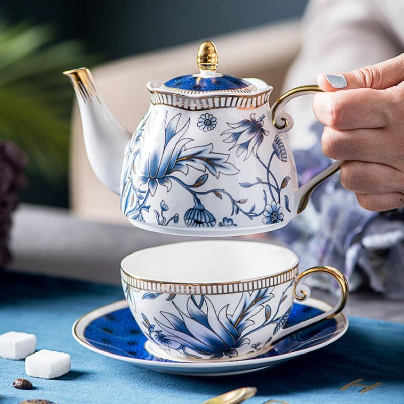 English Blue Floral Porcelain Tea for One Set – Teapot, Cup &amp; Saucer