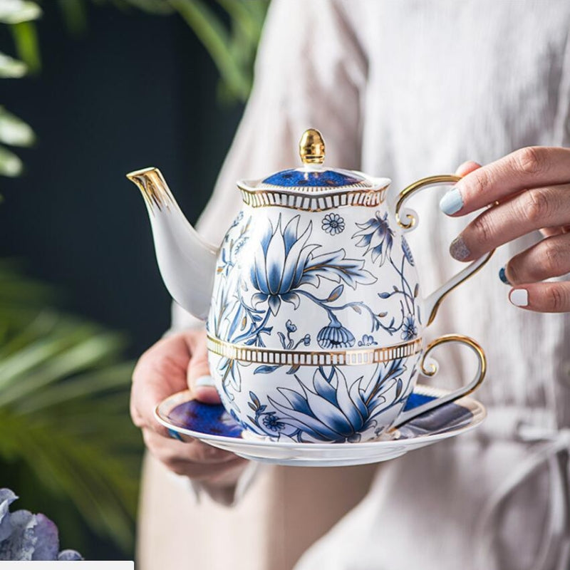 English Blue Floral Porcelain Tea for One Set – Teapot, Cup &amp; Saucer