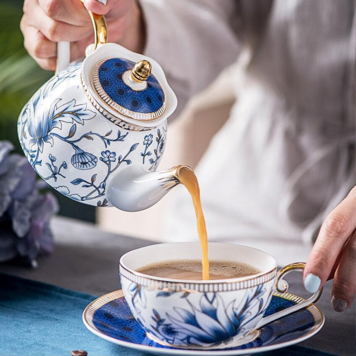 English Blue Floral Porcelain Tea for One Set – Teapot, Cup &amp; Saucer