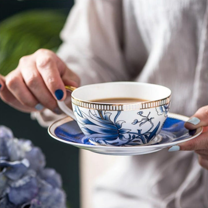 English Blue Floral Porcelain Tea for One Set – Teapot, Cup &amp; Saucer