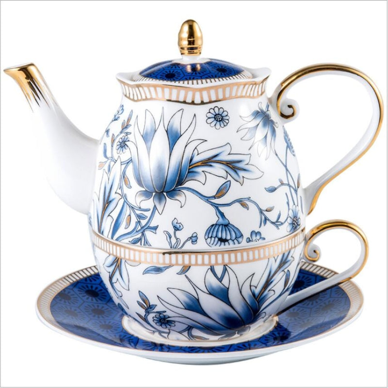 English Blue Floral Porcelain Tea for One Set – Teapot, Cup &amp; Saucer