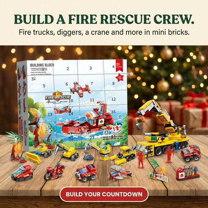 Fire Truck and Digger Brick Advent Calendar, Mini Vehicles, Giant Crane and Rescue Boat