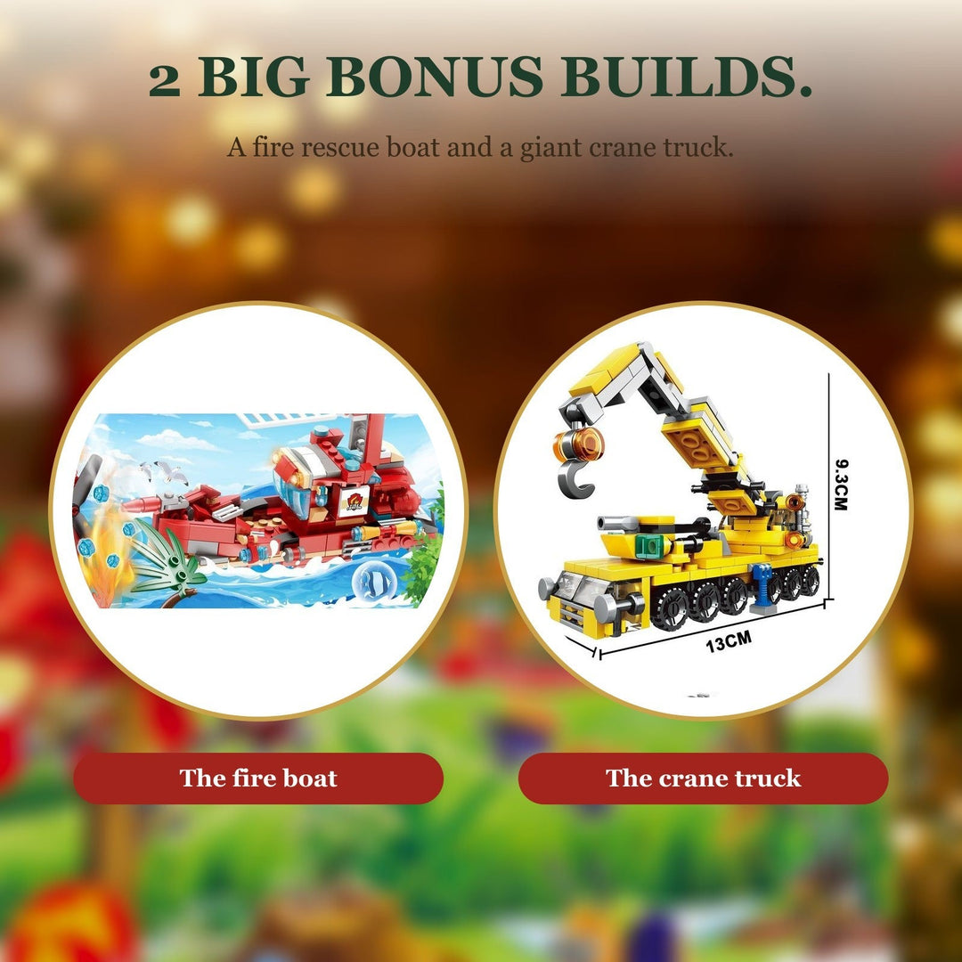 Fire Truck and Digger Brick Advent Calendar, Mini Vehicles, Giant Crane and Rescue Boat