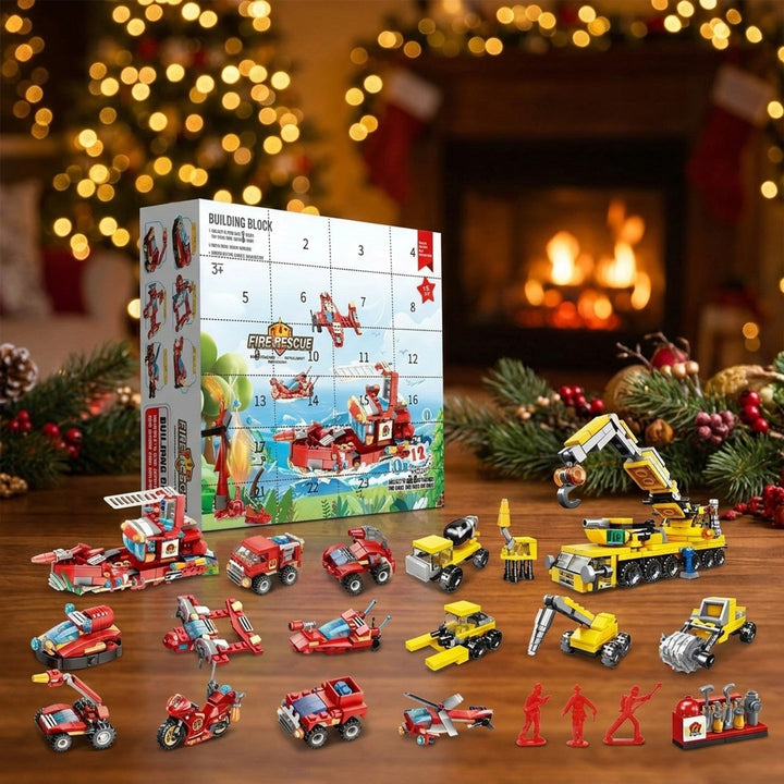 Fire Truck and Digger Brick Advent Calendar, Mini Vehicles, Giant Crane and Rescue Boat