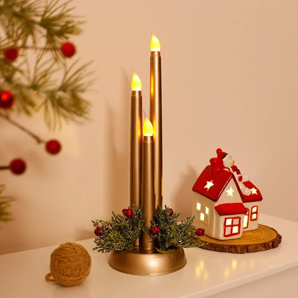 Flameless LED Candle Centerpiece with Flickering Taper Lights and Holiday Greenery