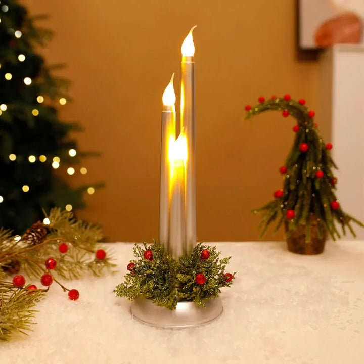 Flameless LED Candle Centerpiece with Flickering Taper Lights and Holiday Greenery