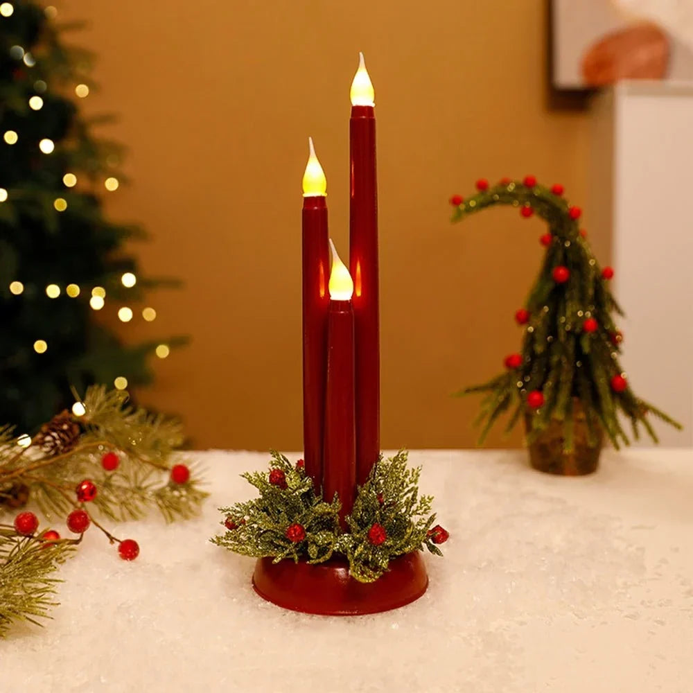 Flameless LED Candle Centerpiece with Flickering Taper Lights and Holiday Greenery