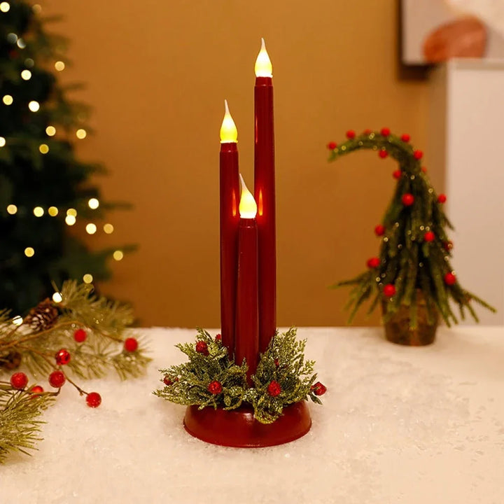 Flameless LED Candle Centerpiece with Flickering Taper Lights and Holiday Greenery