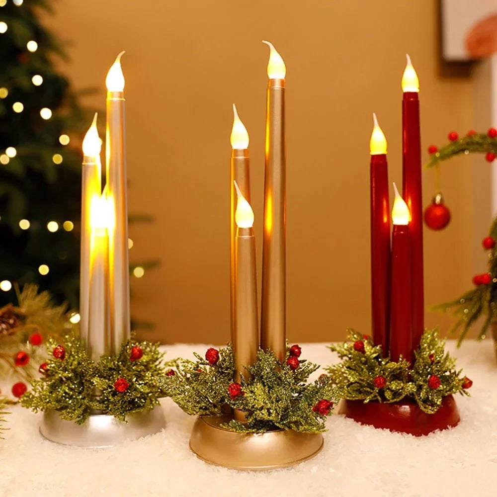 Flameless LED Candle Centerpiece with Flickering Taper Lights and Holiday Greenery
