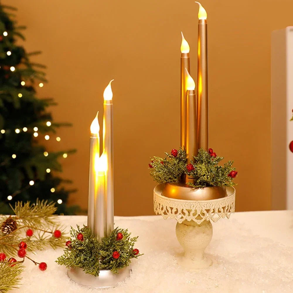 Flameless LED Candle Centerpiece with Flickering Taper Lights and Holiday Greenery