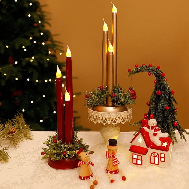 Flameless LED Candle Centerpiece with Flickering Taper Lights and Holiday Greenery