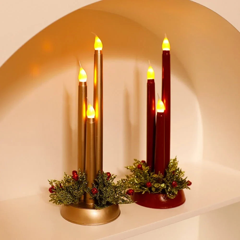 Flameless LED Candle Centerpiece with Flickering Taper Lights and Holiday Greenery