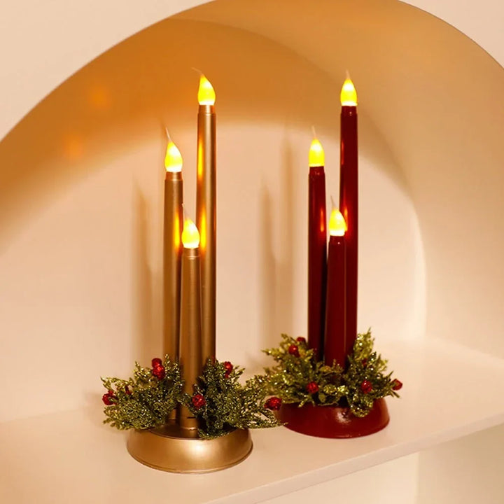 Flameless LED Candle Centerpiece with Flickering Taper Lights and Holiday Greenery