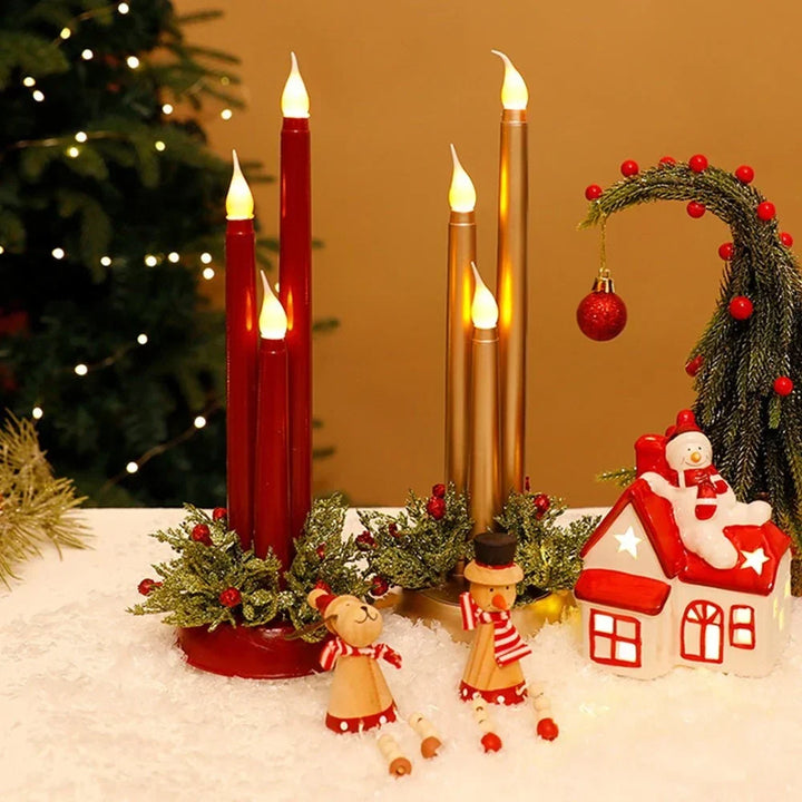 Flameless LED Candle Centerpiece with Flickering Taper Lights and Holiday Greenery
